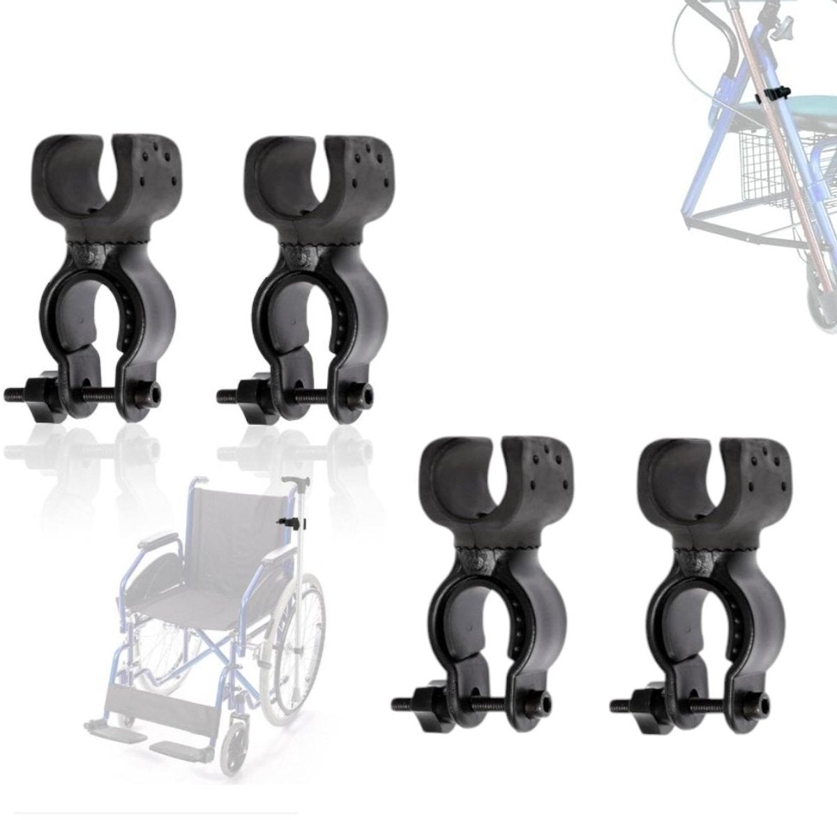 Cane Holder - Crutch Holder - 4 Pieces - For Mobility Scooter Wheelchair Bicycle Rollator - Crutch Holder - Stick Holder - Walking Stick Holder - Universal Crutch Cane Bracket - For Crutches For Mobility Scooter, Assisted Rollator, Wheelchair, Electric Sc