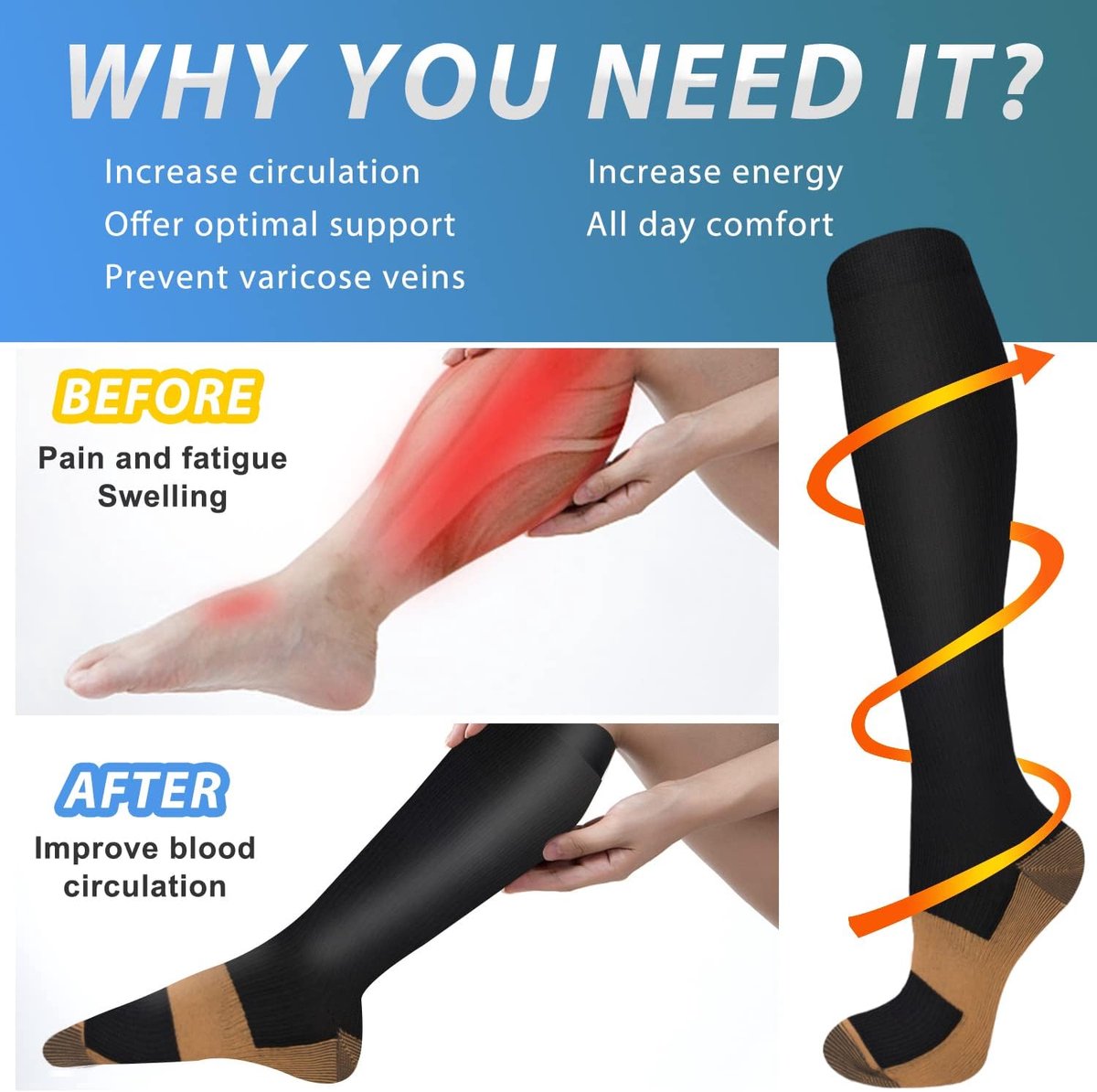 Compression Socks for Running & Nurses - Support Socks Size 40-46