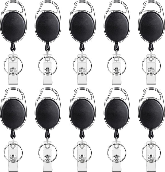 10 Retractable Badge Holders - Extendable Keychain - with Carabiner Belt Clip - D-Clip - Extendable Lanyard Keychain - Keys and Cards - Card Holder Drawstring - Keychain for ID Card Holder and Keychain