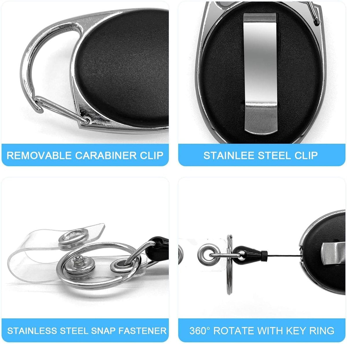 10 Retractable Badge Holders - Extendable Keychain - with Carabiner Belt Clip - D-Clip - Extendable Lanyard Keychain - Keys and Cards - Card Holder Drawstring - Keychain for ID Card Holder and Keychain
