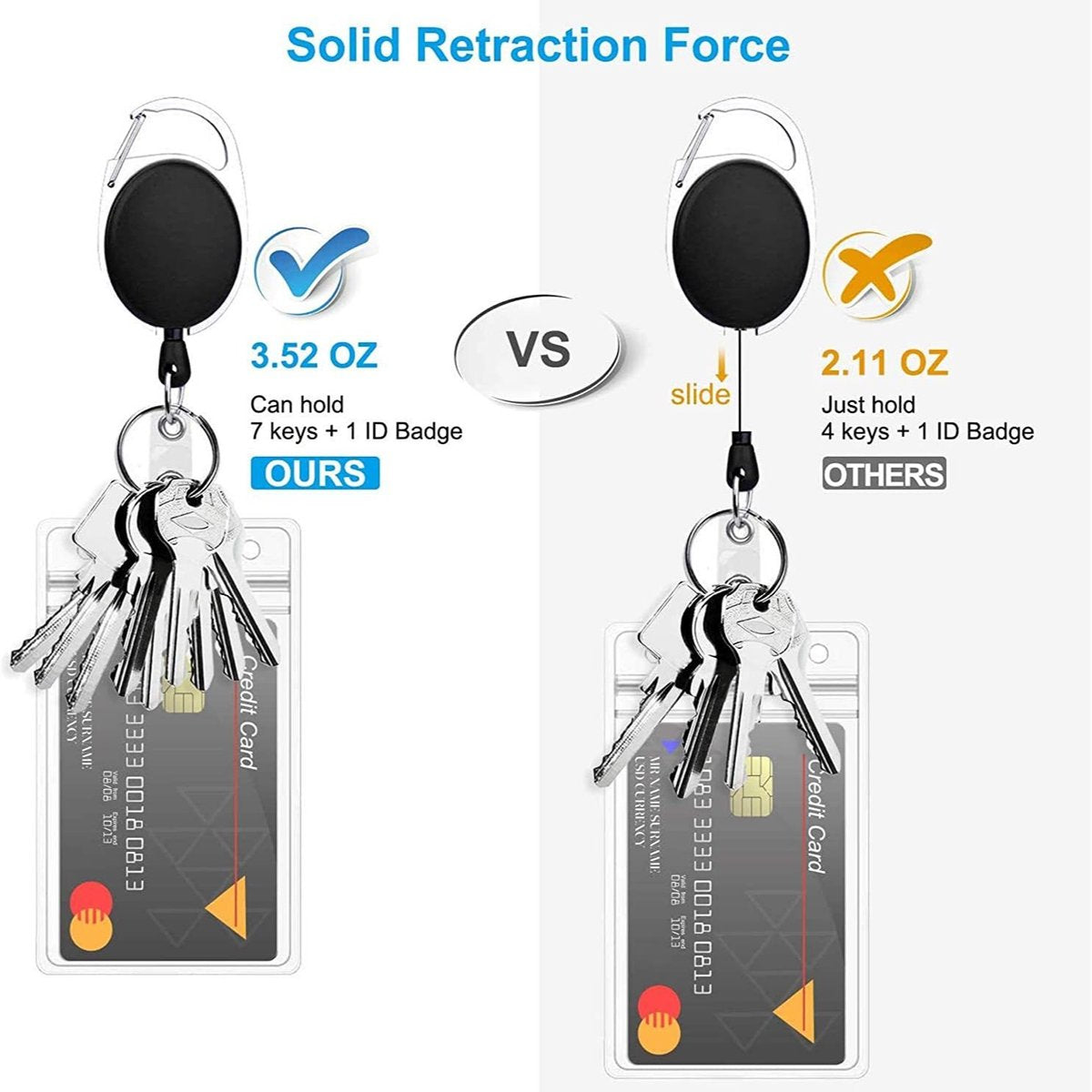 2 Pieces Heavy Duty Retractable Badge Holder - Extendable Keychains - D-Clip - with Carabiner - Waist Clip Drawstring - Badge Holder Drawstring - Retractable Reel ID Badge Card Holder - Vertical - Card Holder Drawstring - Clip ID Holder - Black/Silver