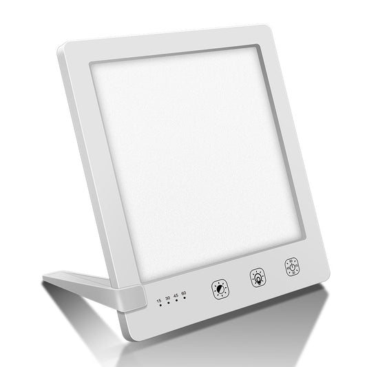 White electronic device with a screen and control buttons on a white background