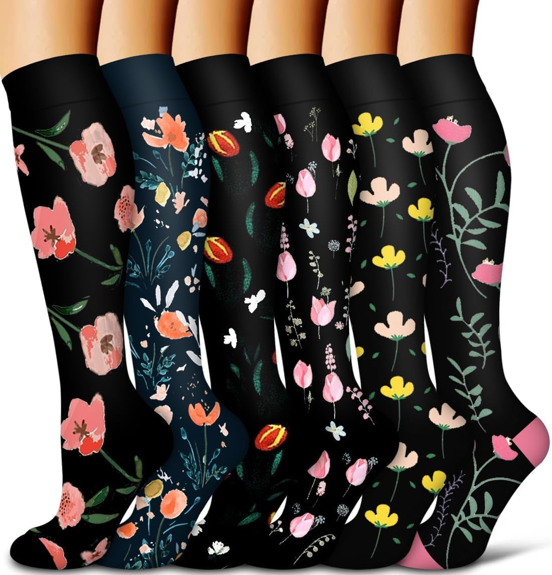 Compression Socks 6-Pairs L/XL - For Nurses & Travel (Black Flower)