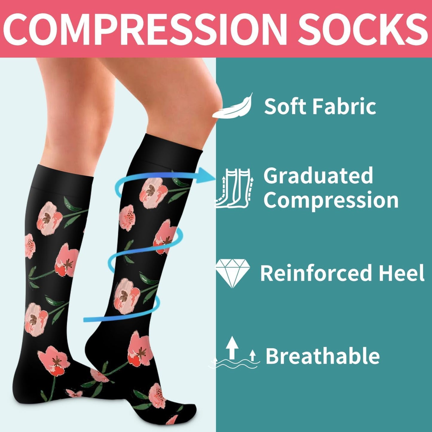 Compression Socks 6-Pairs L/XL - For Nurses & Travel (Black Flower)