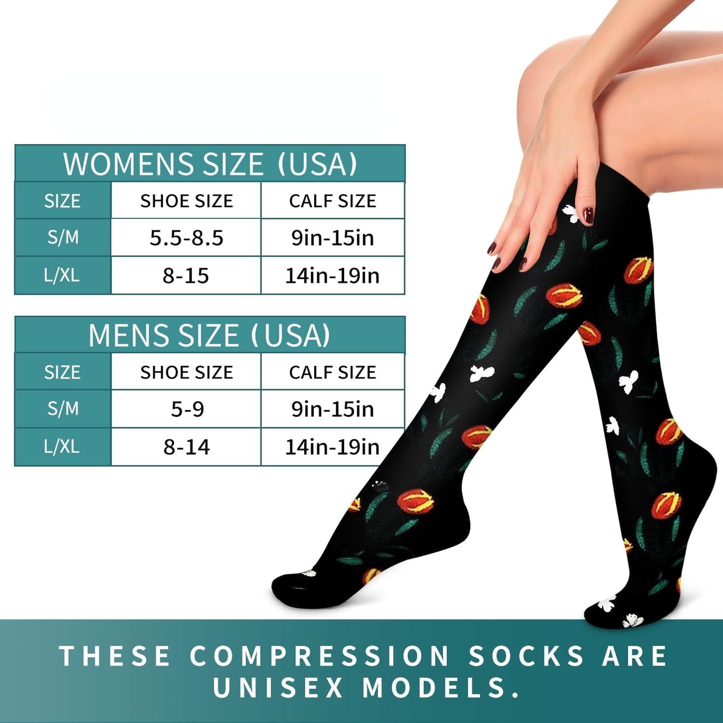 Compression Socks 6-Pairs L/XL - For Nurses & Travel (Black Flower)