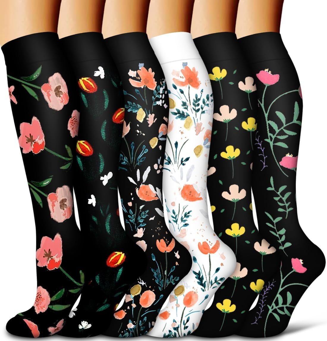Compression Socks 6-Pairs S/M - For Nurses & Travel (10 Black 5-Pairs/White)