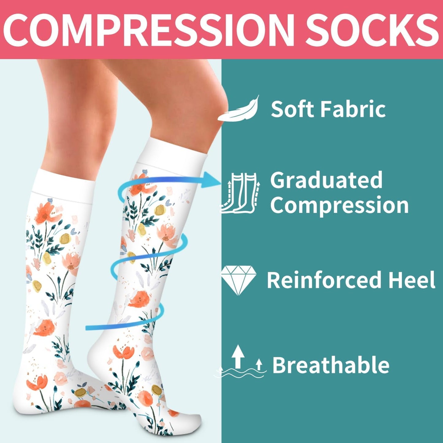 Compression Socks 6-Pairs S/M - For Nurses & Travel (10 Black 5-Pairs/White)