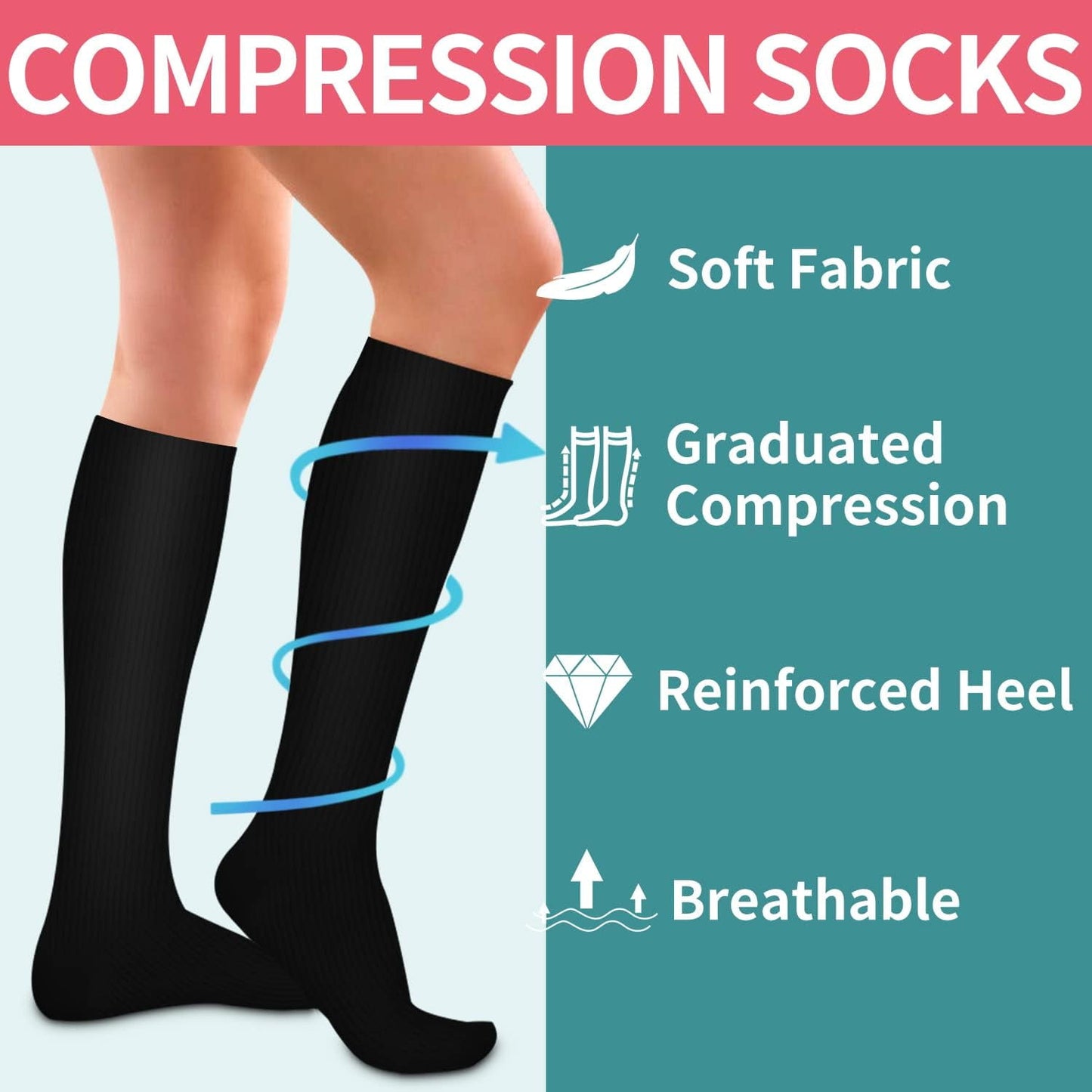 Compression Socks 6-Pairs S/M - For Nurses Running & Travel (14 Black)