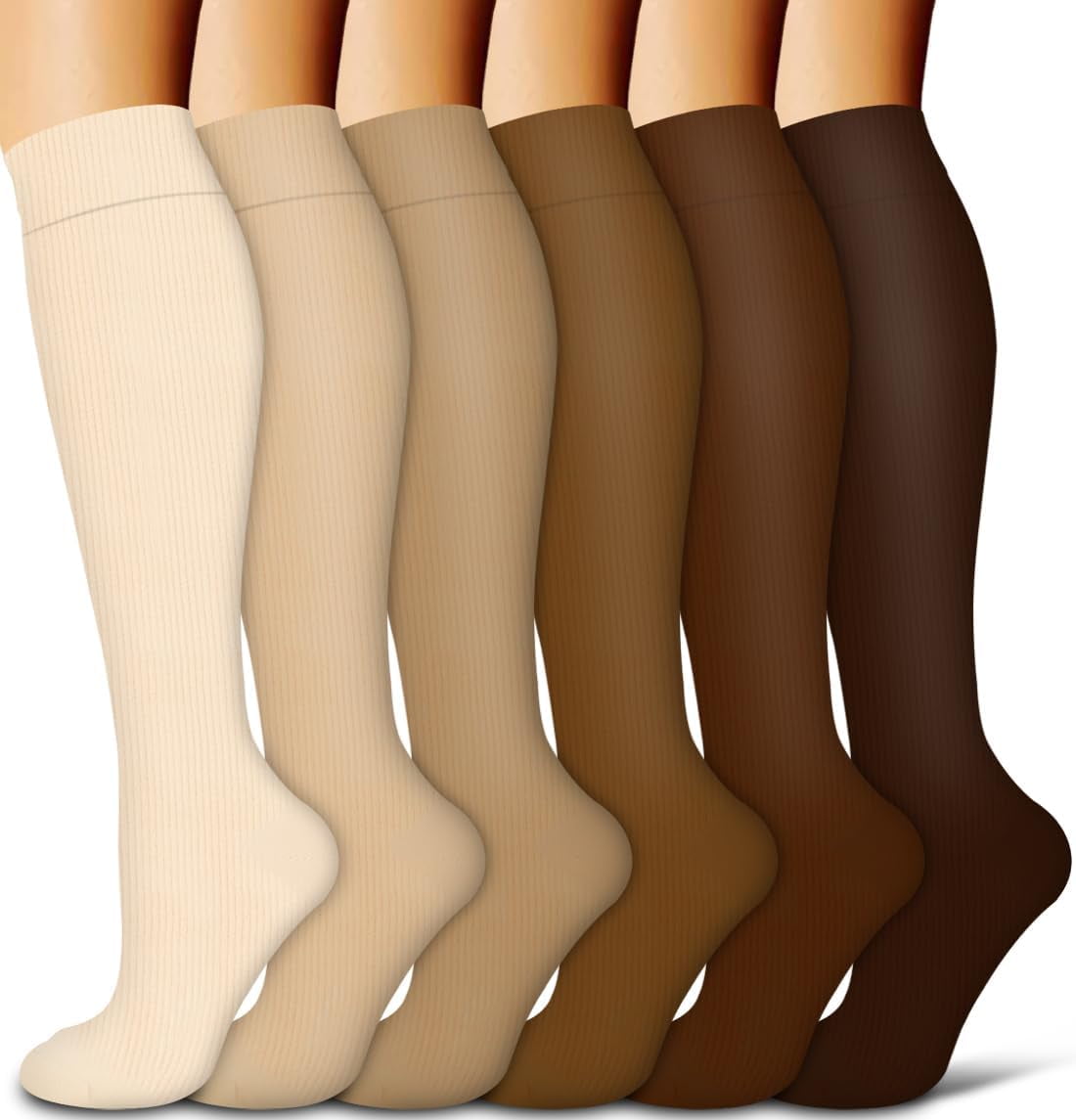 Compression Socks 6-Pairs S/M - For Nurses Running & Travel (Khaki Series)