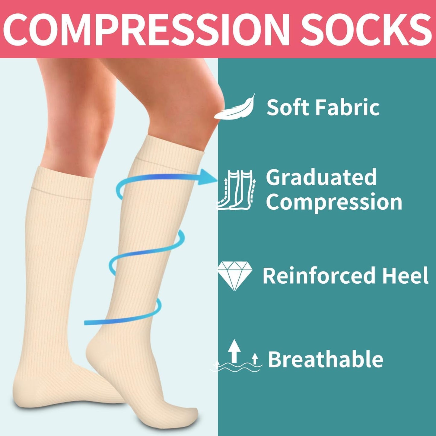 Compression Socks 6-Pairs S/M - For Nurses Running & Travel (Khaki Series)