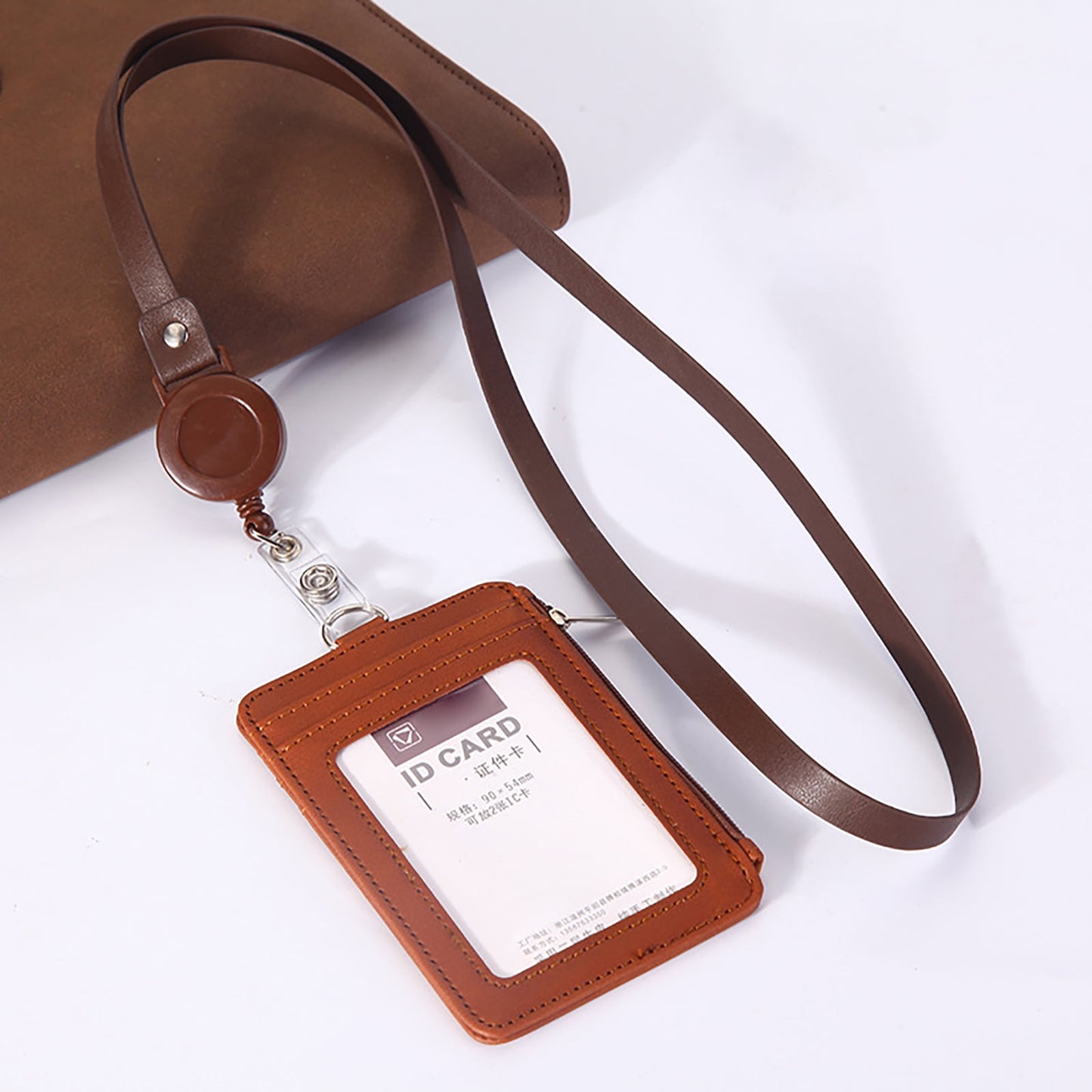 Slim PU Leather ID Badge Holder Wallet,with Zip, Neck Lanyard & Retractable Reel,ID Card Wallet, Badge Holder with Lanyard, PU Leather Badge Case, Retractable Badge Reel Holder(Red) Brown