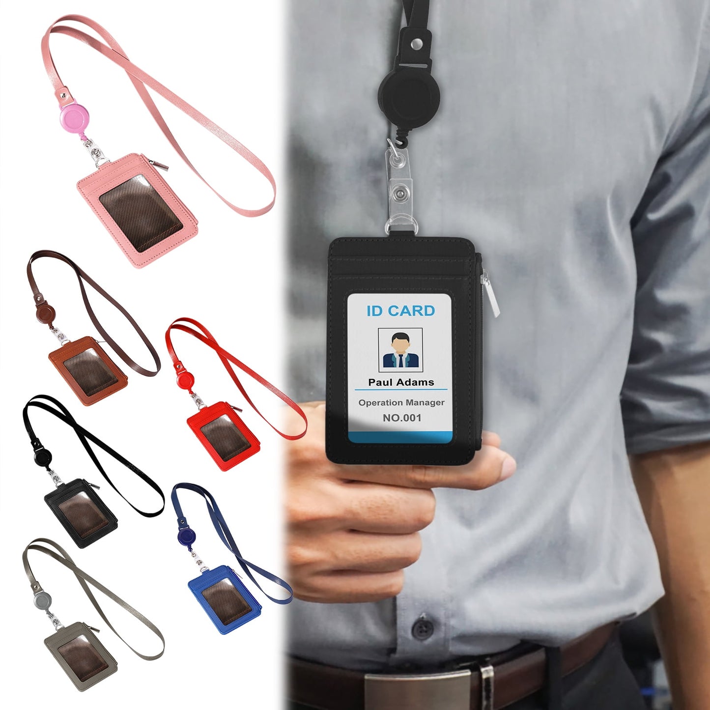 Slim PU Leather ID Badge Holder Wallet,with Zip, Neck Lanyard & Retractable Reel,ID Card Wallet, Badge Holder with Lanyard, PU Leather Badge Case, Retractable Badge Reel Holder(Red) Brown