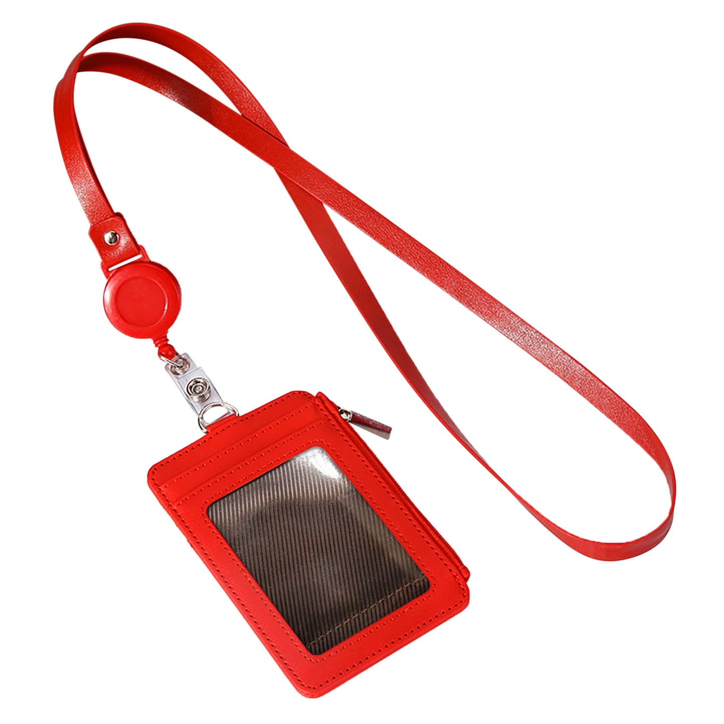 Slim PU Leather ID Badge Wallet with Zip & Retractable Reel (Red)