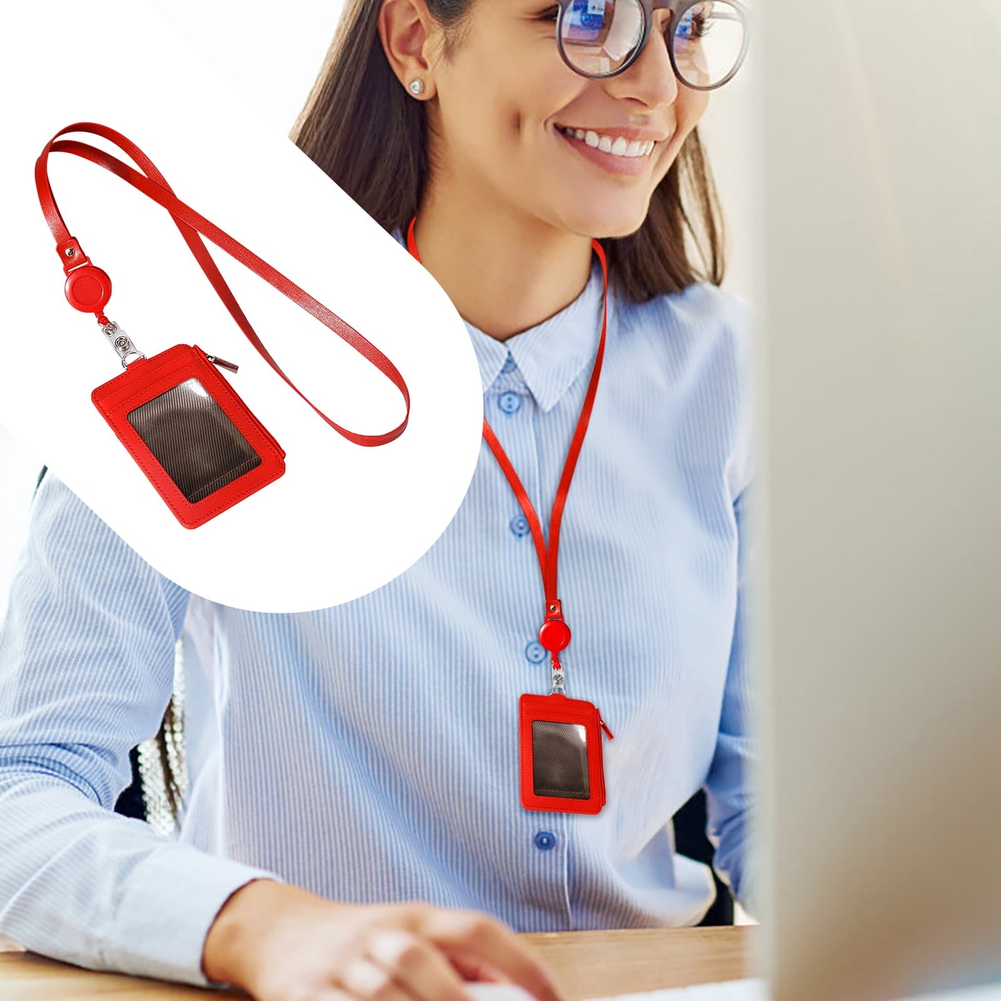 Slim PU Leather ID Badge Wallet with Zip & Retractable Reel (Red)