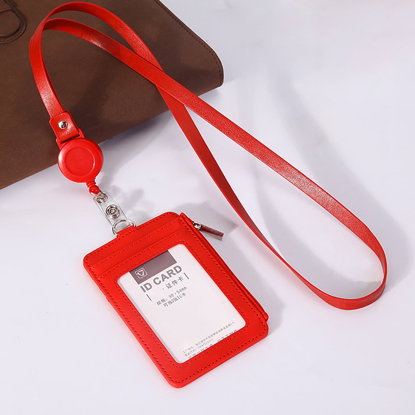 Slim PU Leather ID Badge Wallet with Zip & Retractable Reel (Red)