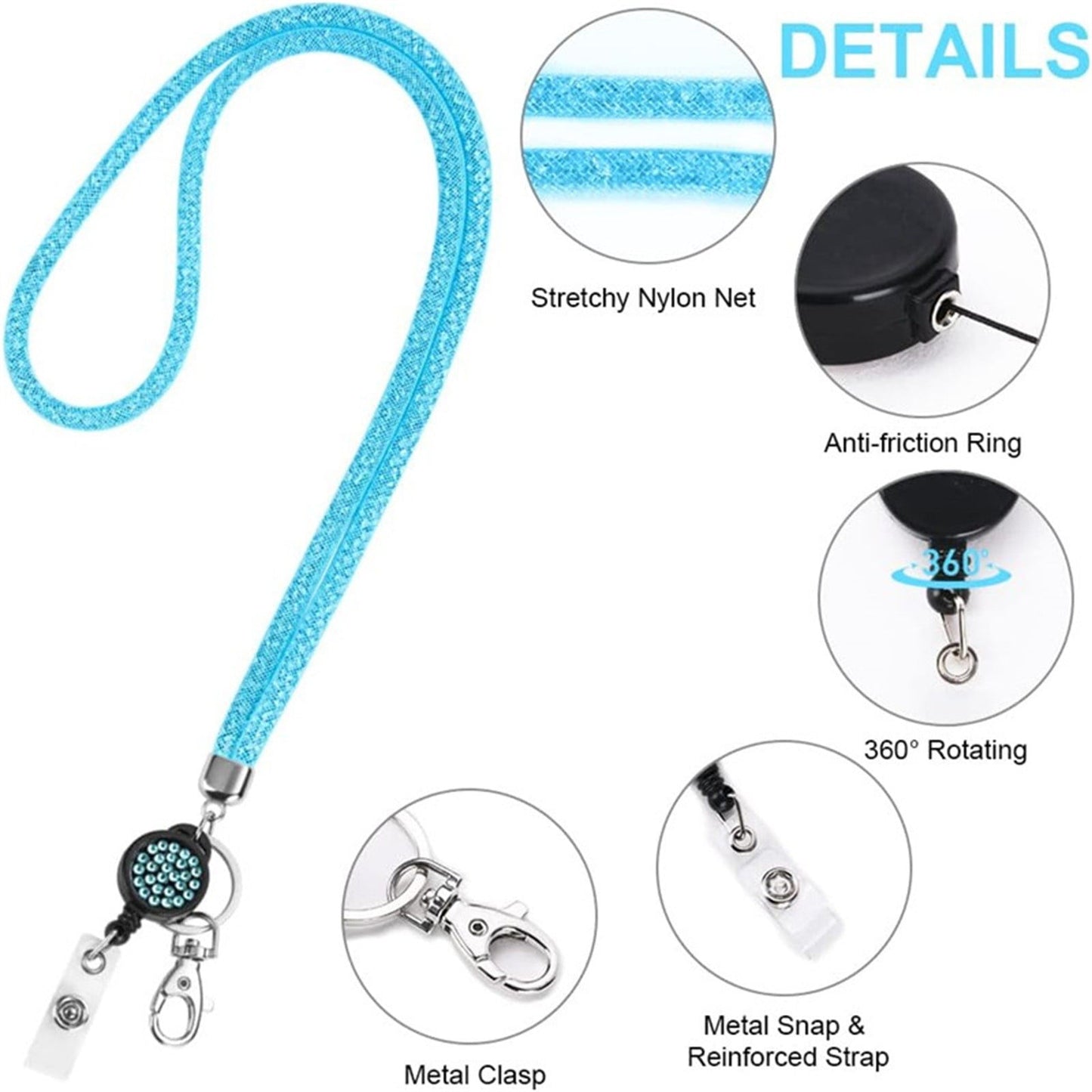 Retractable ID Badge Holder with Bling Neck Strap Lanyard, Heavy Duty Bling Badge Reel with Clear Card Holder for Office Worker Teacher Doctor (Sky Blue/1 Pcs) 3.54x2.64 3.54" x 2.64" Beige