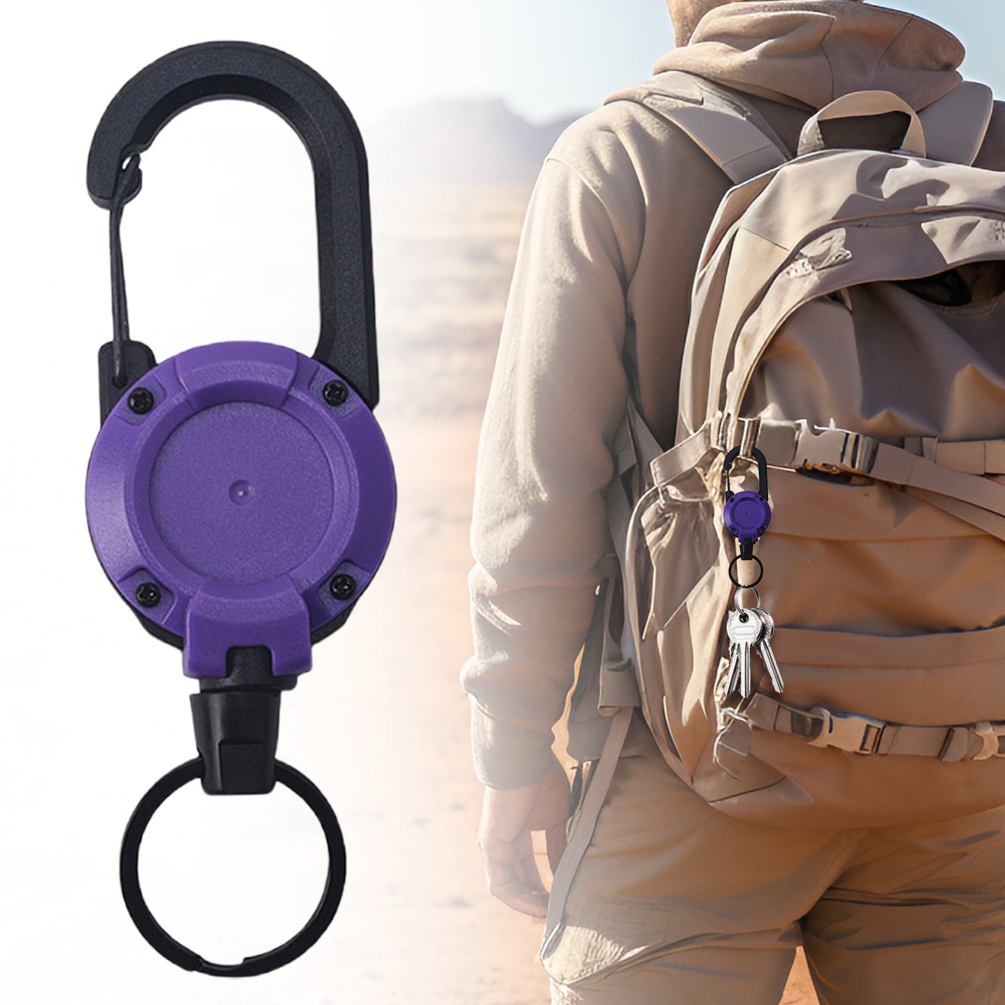 Retractable Carabiner Keychain Badge Holder - Extendable Stainless Cord Purple