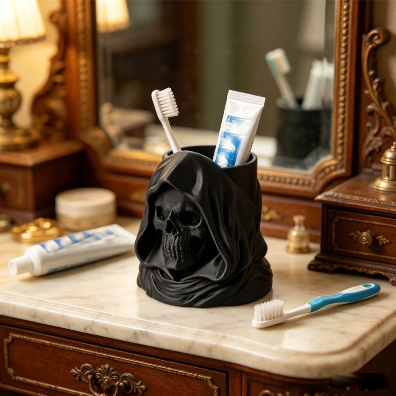 3D Printed Hooded Skull Toothbrush & Toothpaste Organizer - Black