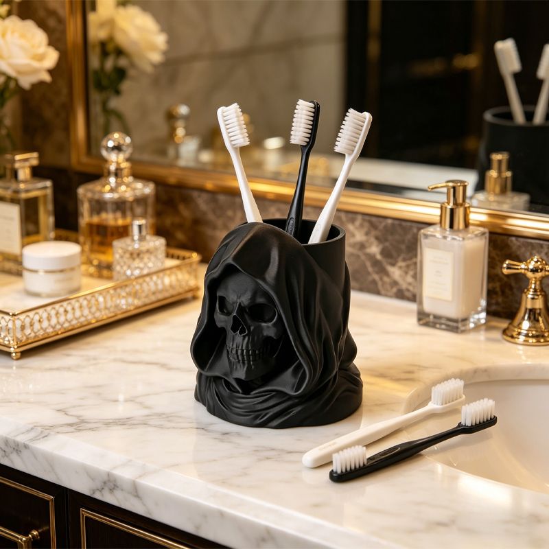 3D Printed Hooded Skull Toothbrush & Toothpaste Organizer - Black