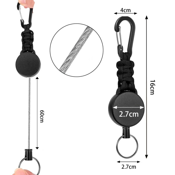 Retractable Key Rings 3-Pack - Carabiner with 60cm Steel Cable 170-200g Pull