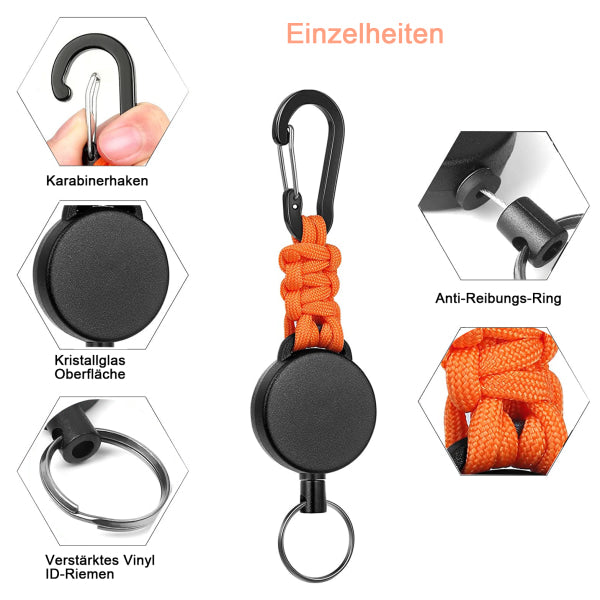 Retractable Key Rings 3-Pack - Carabiner with 60cm Steel Cable 170-200g Pull