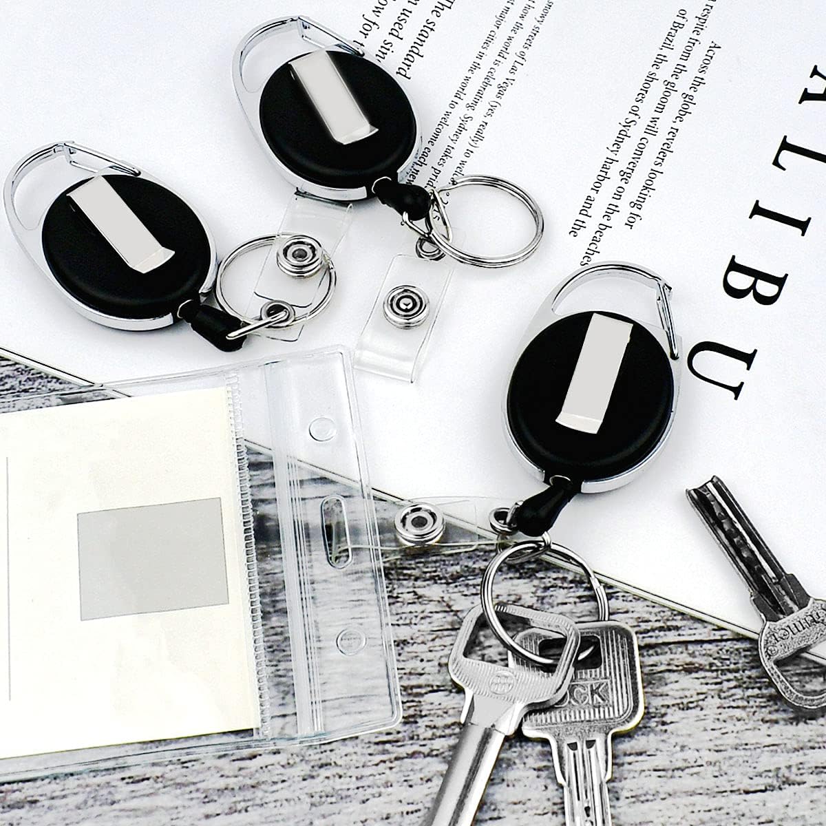 5 Pack Heavy Duty Retractable Badge Reel Id Card Holder with Clip and Key Ring Carabiner Keychain Belt Black Vertical Reels Holders for Nurse Doctor Office Worker Specialist Clear Name
