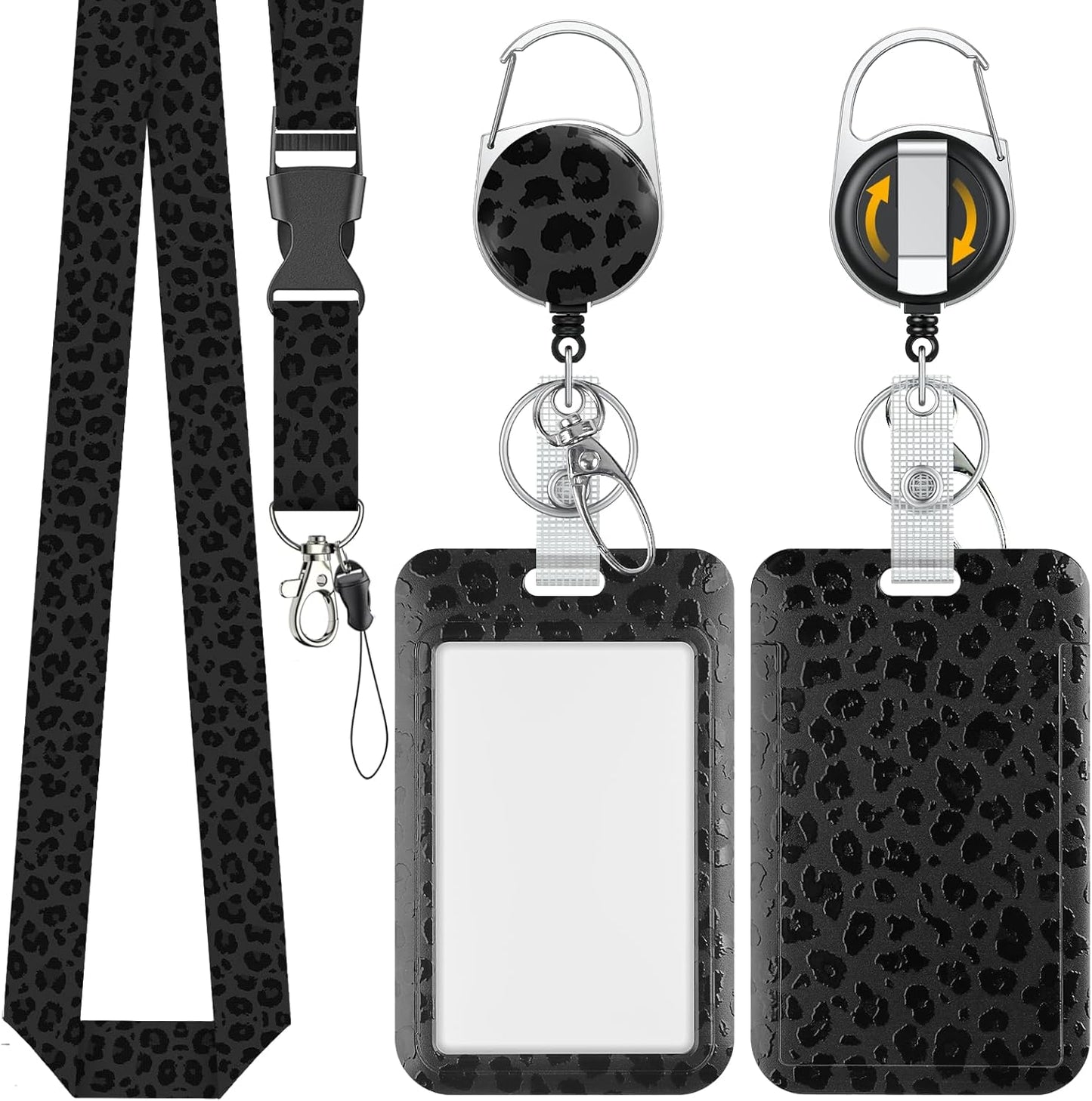 Black Leopard Print Sliding Badge Holder - Retractable Reel with Carabiner Lanyard