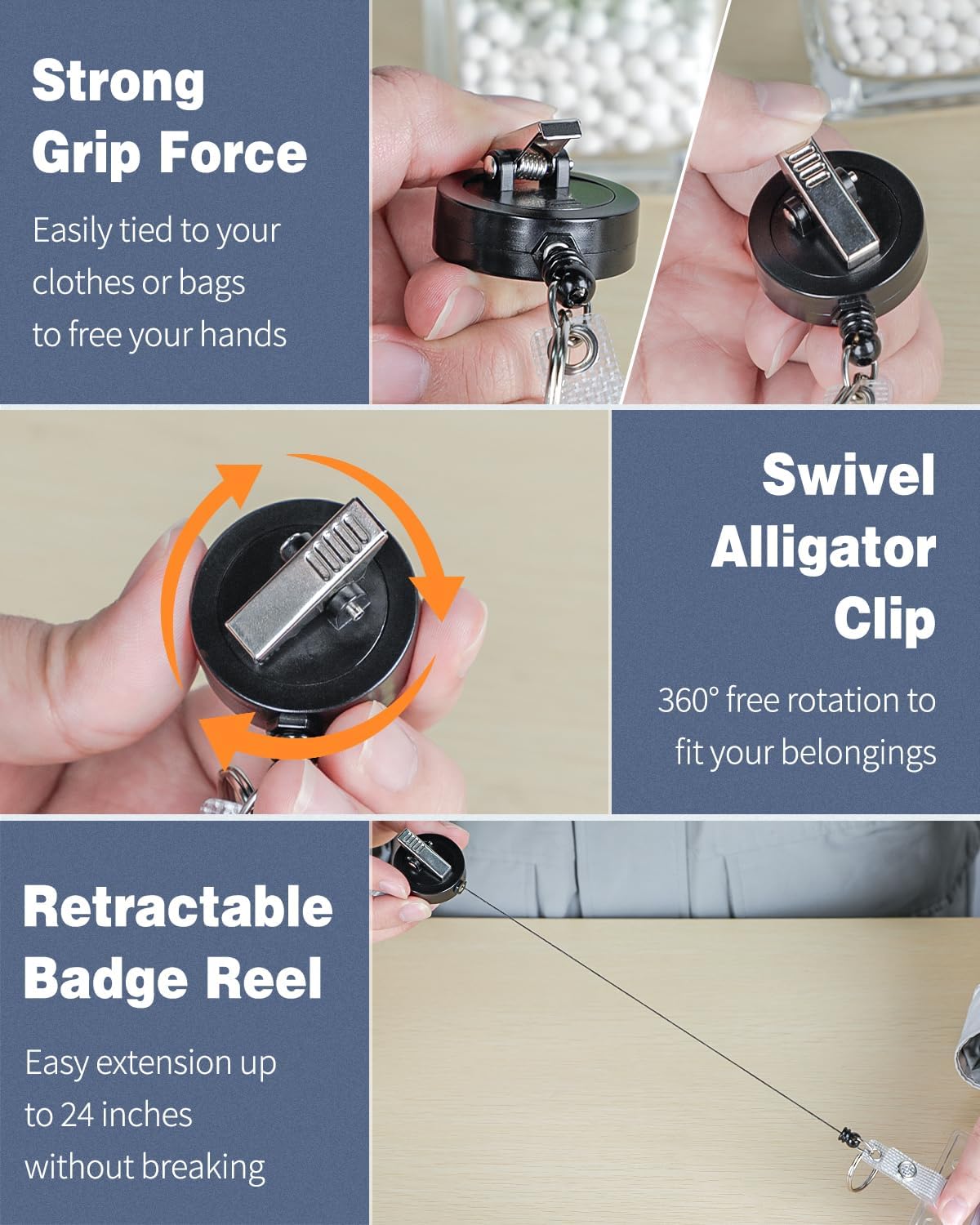 3 Pack Retractable Badge Reel with Swivel Alligator Clip Heavy Duty Retractable Keychain with Stainless Steel Spring Coil Strong ABS Casing with Waterproof Clear Badge Holder