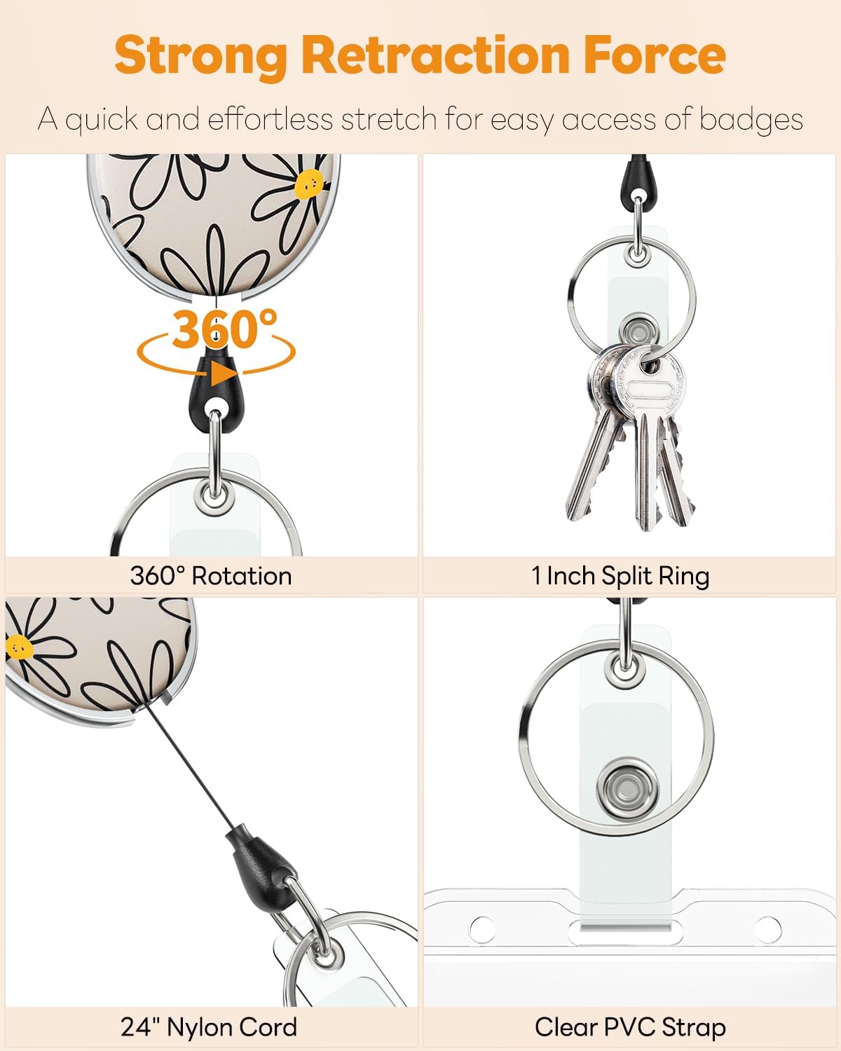 Floral Retractable Badge Reel for Badge Holder White Flower Heavy Duty Retractable Keychain Strong ABS Casing with Stainless Steel Spring Coil 24 Inch Nylon Rope Carabiner Clip and Key Ring