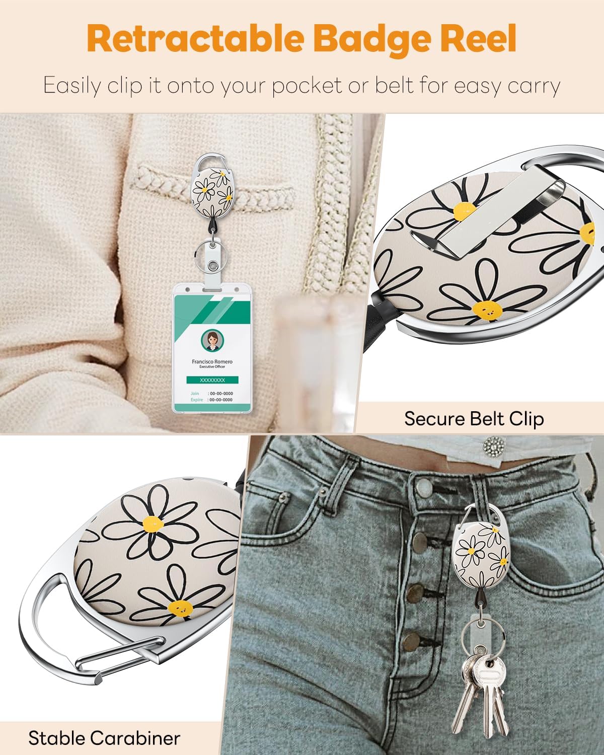 Floral Retractable Badge Reel for Badge Holder White Flower Heavy Duty Retractable Keychain Strong ABS Casing with Stainless Steel Spring Coil 24 Inch Nylon Rope Carabiner Clip and Key Ring