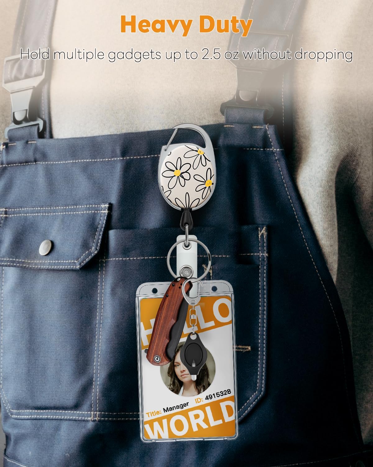 Floral Retractable Badge Reel for Badge Holder White Flower Heavy Duty Retractable Keychain Strong ABS Casing with Stainless Steel Spring Coil 24 Inch Nylon Rope Carabiner Clip and Key Ring