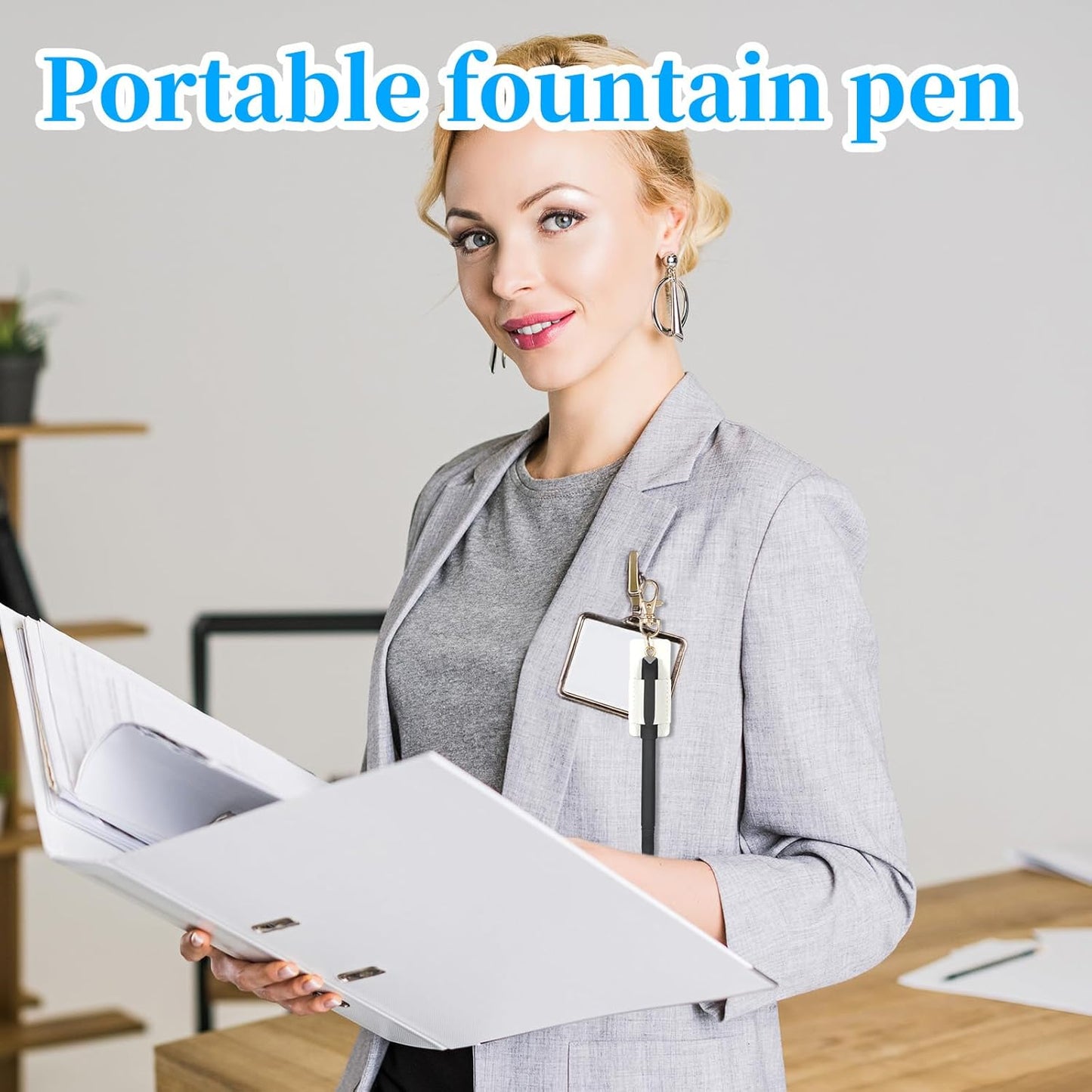 2 Pcs Pen Holder for Lanyard, White PU Leather Anti-Lost Lanyard Pen Clip Retractable Pens Holder Clip Keychain, Portable Pouch Pocket Pens Holders for Pencil Badges Clipboard Nurses Office School