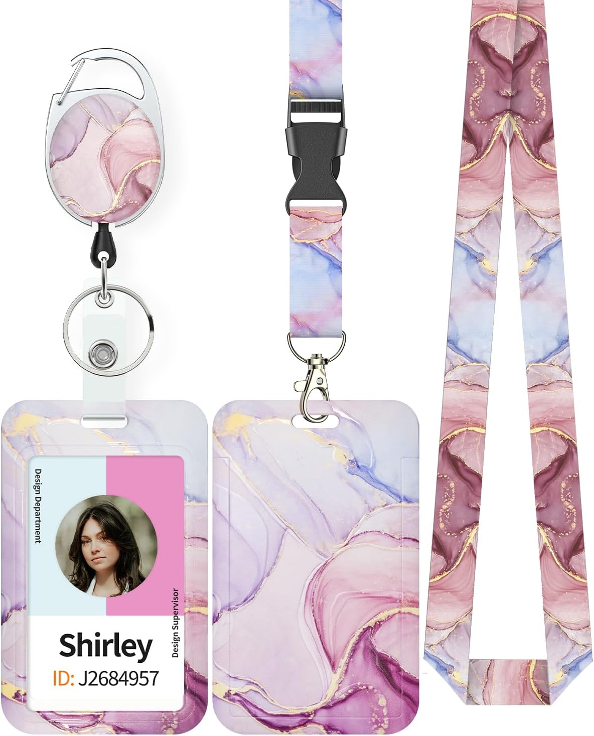 Marbling Sliding Badge Holder Pink & Black Marble Pattern Plastic Card Holder with Retractable Badge Reel Carabiner Detachable Lanyard Vertical Card Protector for Office Worker Student