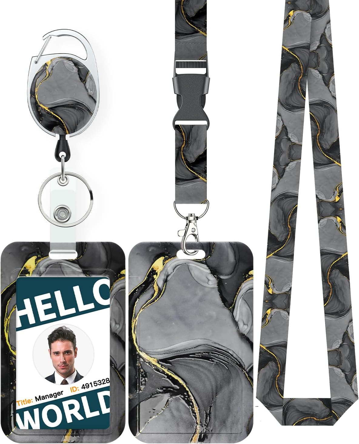 Marbling Sliding Badge Holder Pink & Black Marble Pattern Plastic Card Holder with Retractable Badge Reel Carabiner Detachable Lanyard Vertical Card Protector for Office Worker Student
