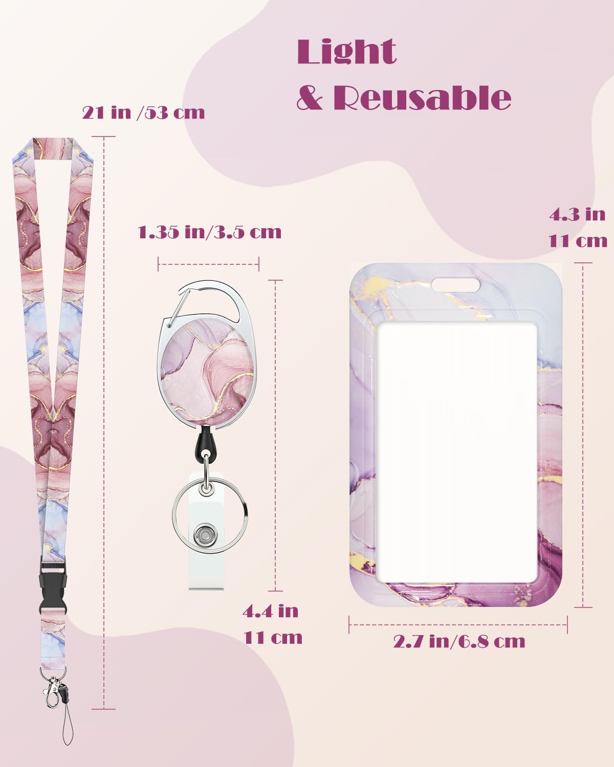 Marbling Sliding Badge Holder Pink & Black Marble Pattern Plastic Card Holder with Retractable Badge Reel Carabiner Detachable Lanyard Vertical Card Protector for Office Worker Student