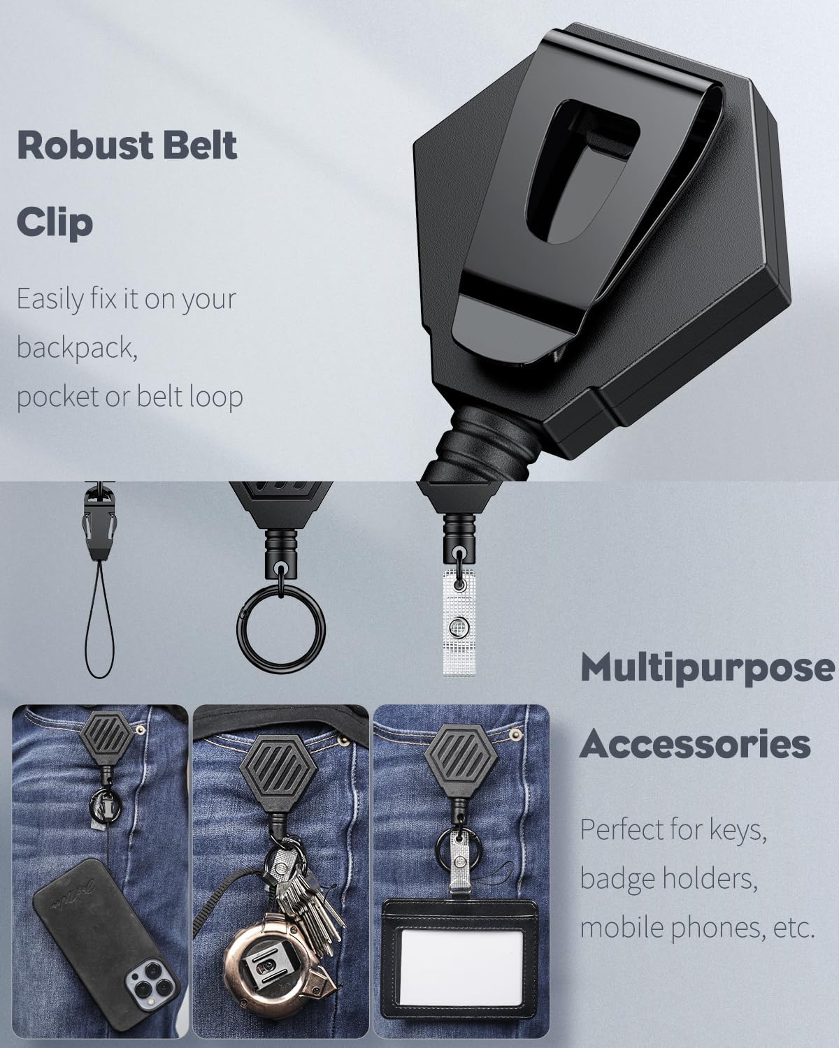 Magnetic Badge Reel Belt Clip - 3-Pack Sliding ID Badge Holder Horizontal Case