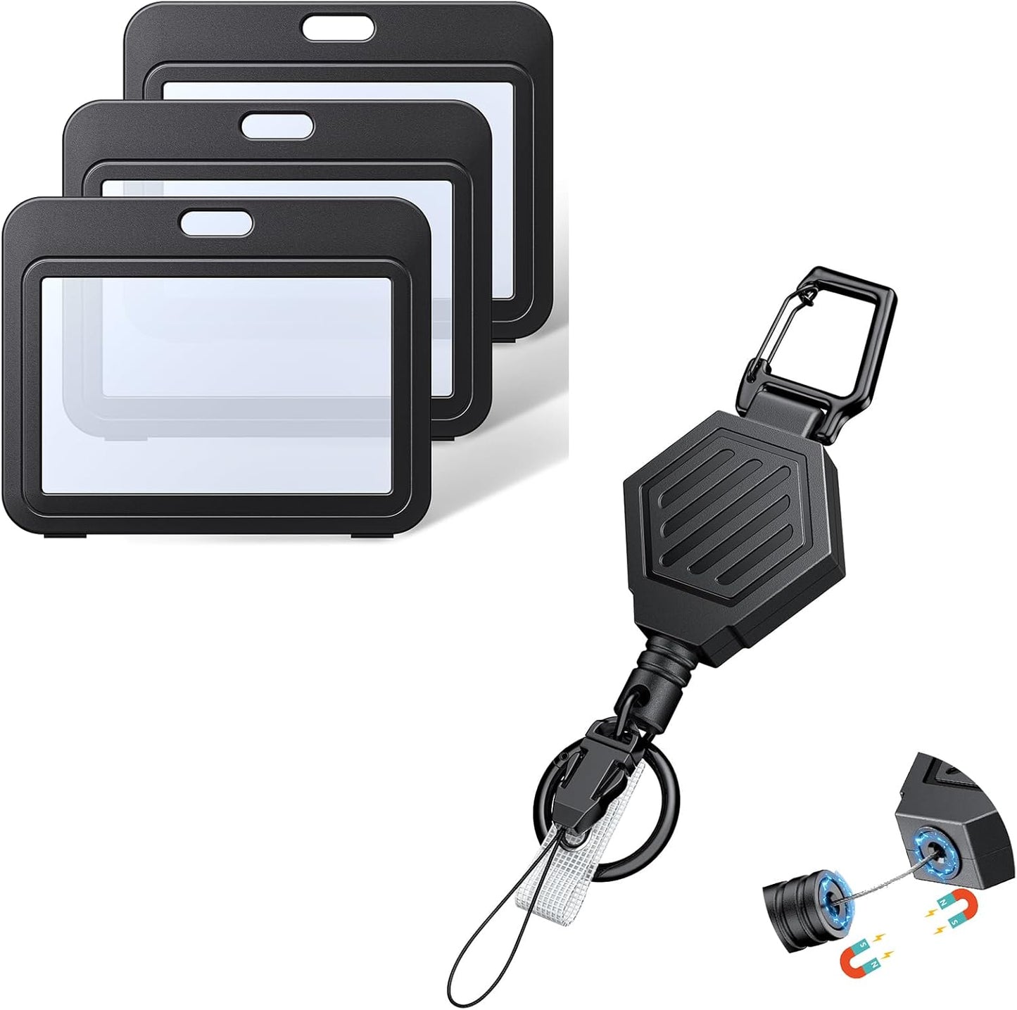 Magnetic Retractable Badge Reel 3-Pack - Double-Sided Horizontal Hard Plastic Case