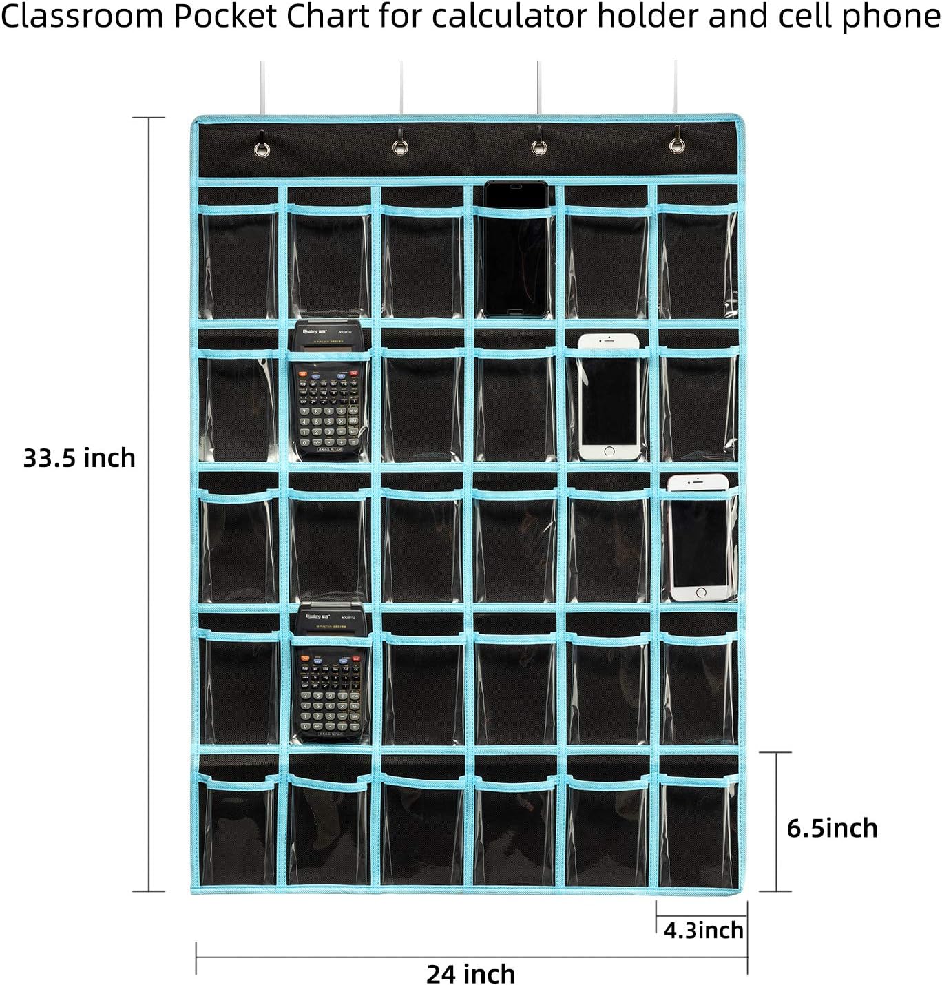 Classroom Pocket Chart Organizer,Cell Phones Calculator Holder for Classroom Storage, Hanging Wall Door Calculator Phone Caddy for Classroom. (30 Pockets-Black)