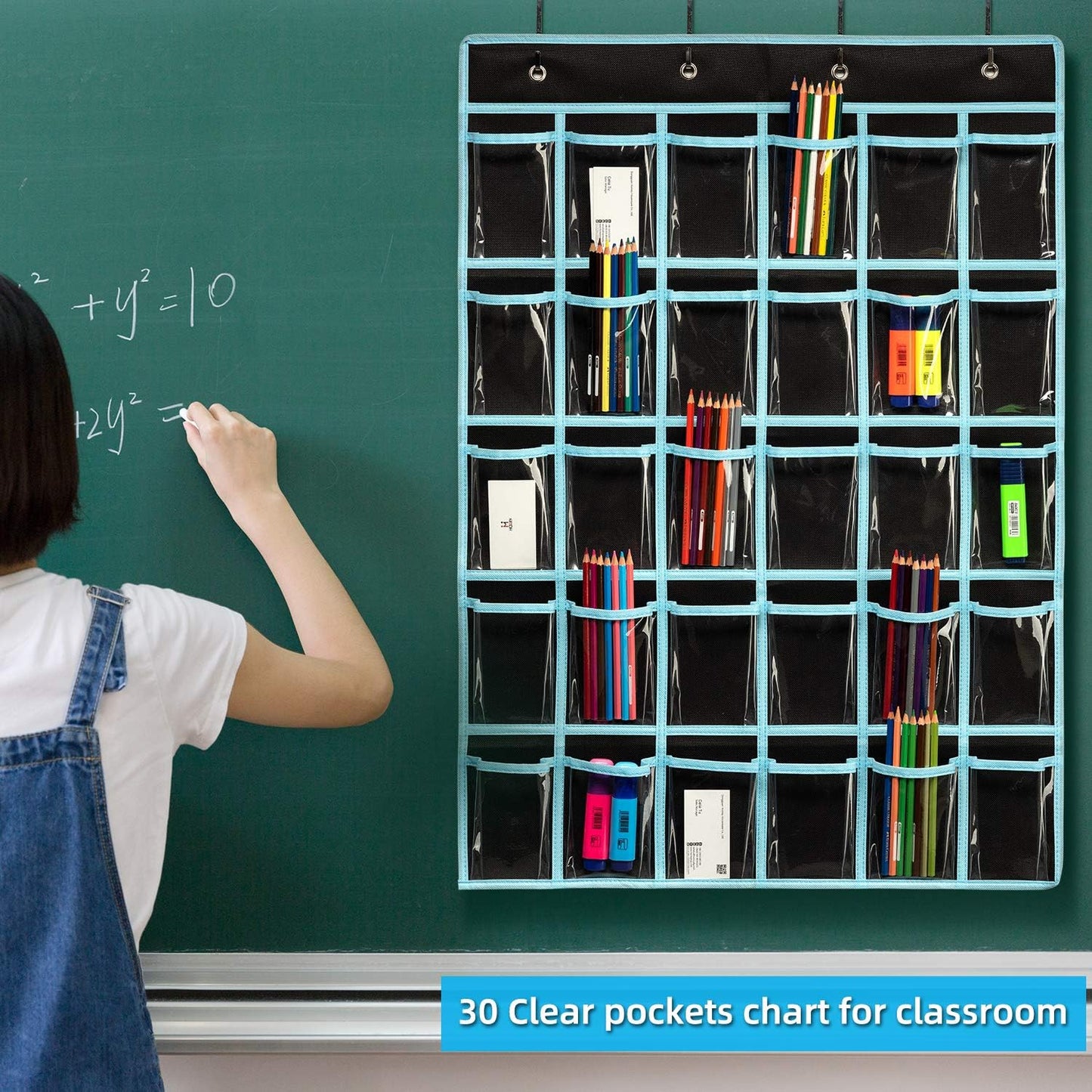 Classroom Pocket Chart Organizer,Cell Phones Calculator Holder for Classroom Storage, Hanging Wall Door Calculator Phone Caddy for Classroom. (30 Pockets-Black)