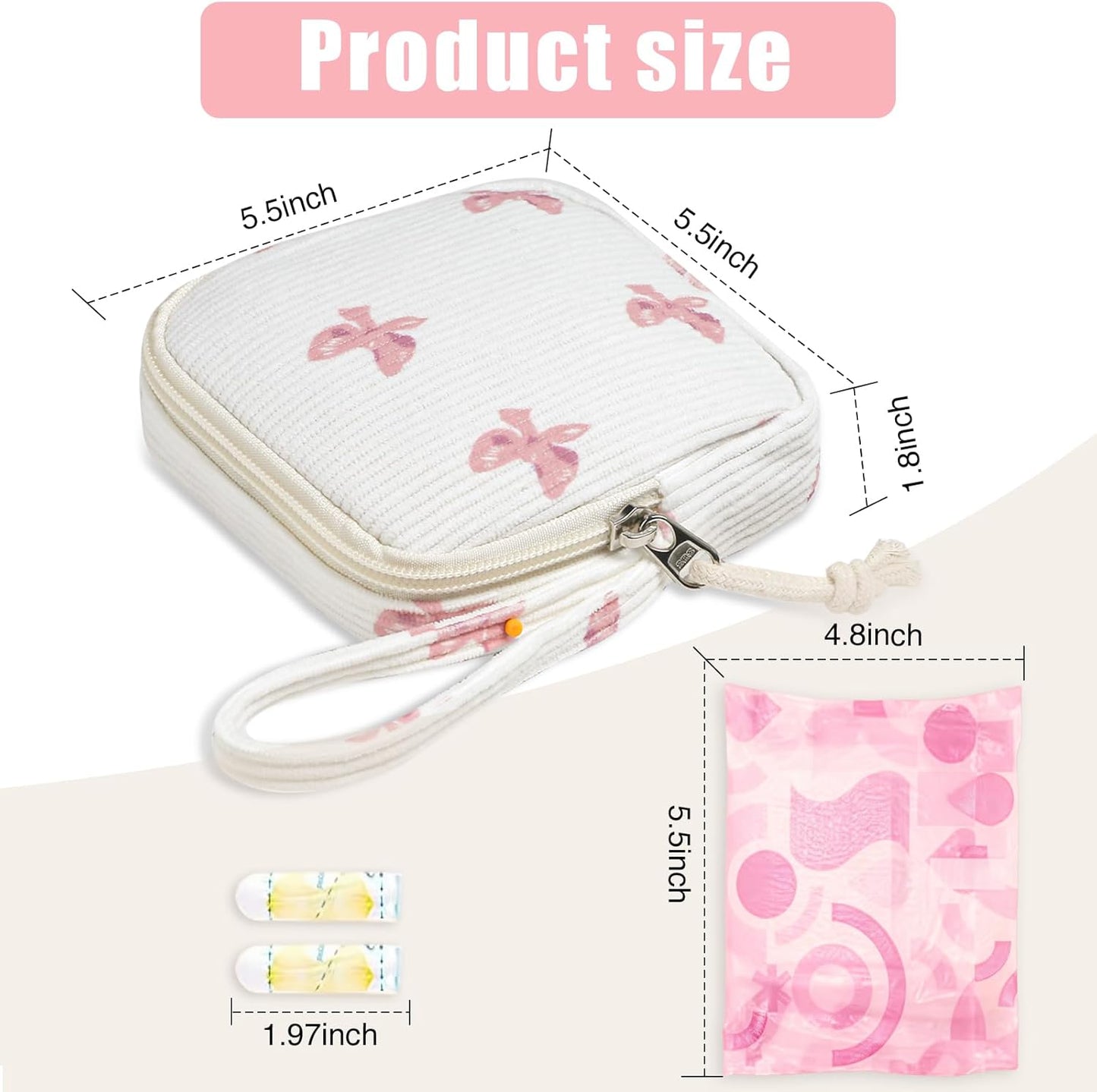 Small Makeup Bag | Discreet Period Bag Pad Pouch for Purse| Sanitary Napkin Storage & Tampon Holder for Travel(Bow pink)