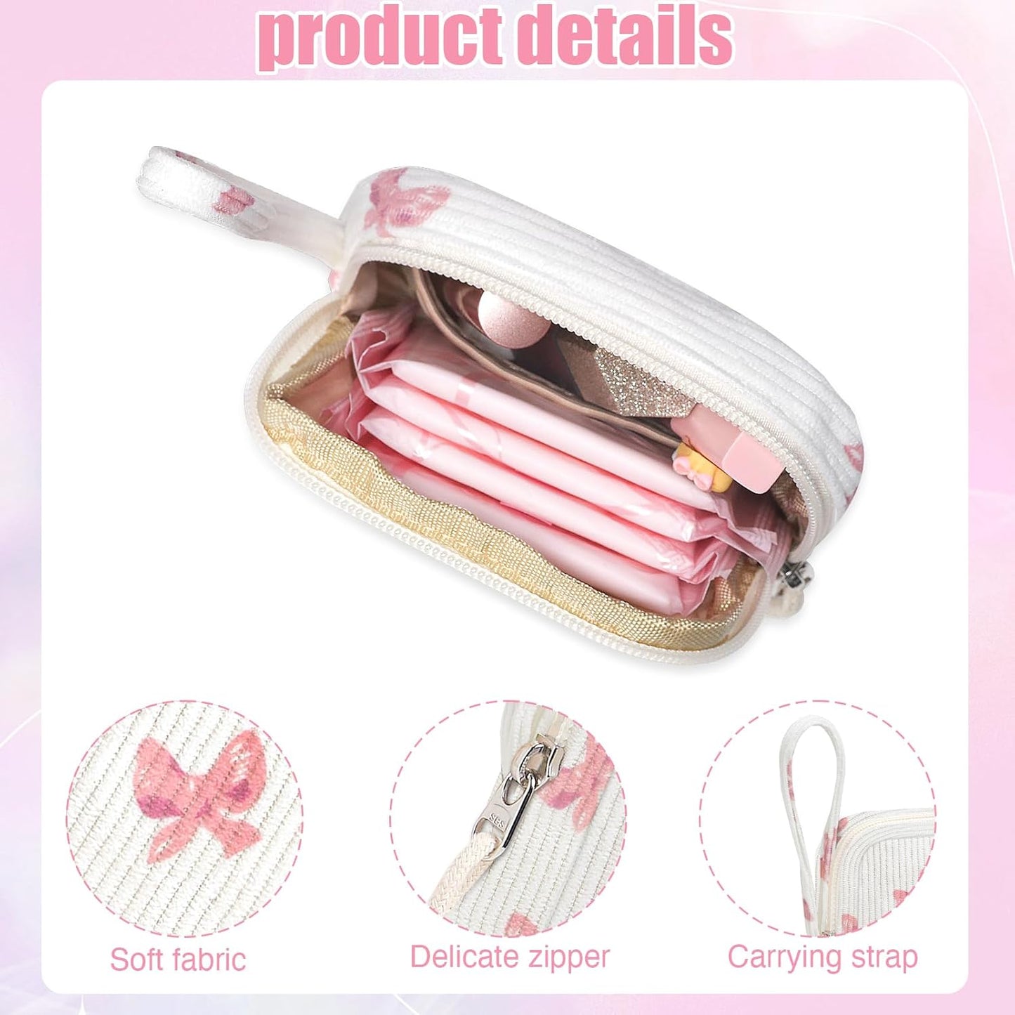 Small Makeup Bag | Discreet Period Bag Pad Pouch for Purse| Sanitary Napkin Storage & Tampon Holder for Travel(Bow pink)