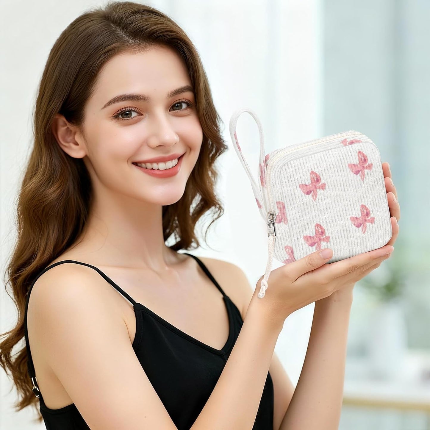 Small Makeup Bag | Discreet Period Bag Pad Pouch for Purse| Sanitary Napkin Storage & Tampon Holder for Travel(Bow pink)