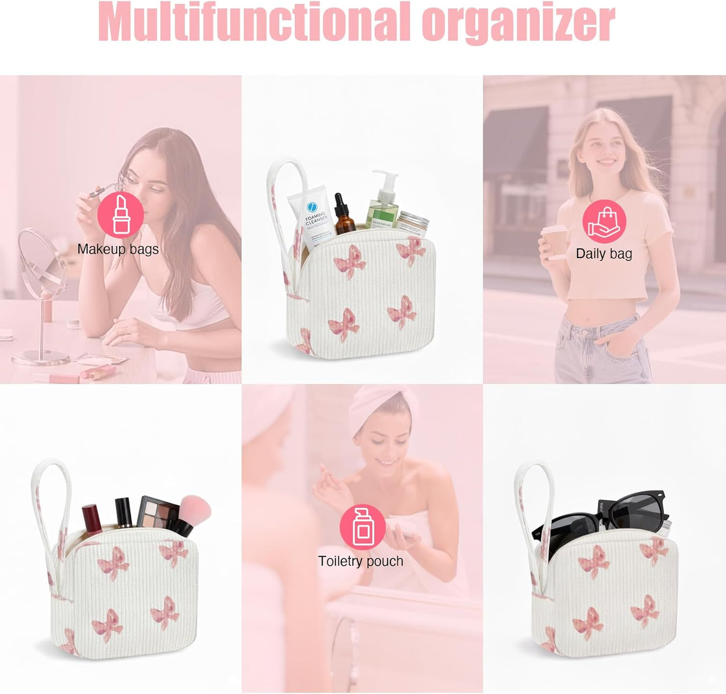 Small Makeup Bag | Discreet Period Bag Pad Pouch for Purse| Sanitary Napkin Storage & Tampon Holder for Travel(Bow pink)