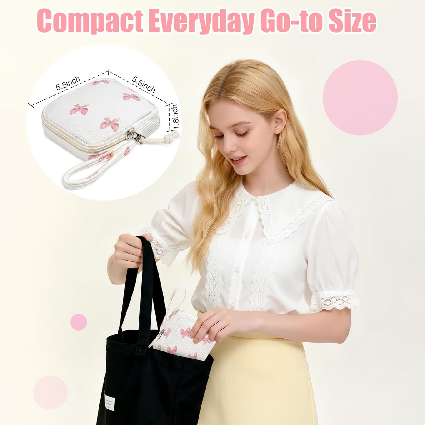 Small Makeup Bag | Discreet Period Bag Pad Pouch for Purse| Sanitary Napkin Storage & Tampon Holder for Travel(Bow pink)