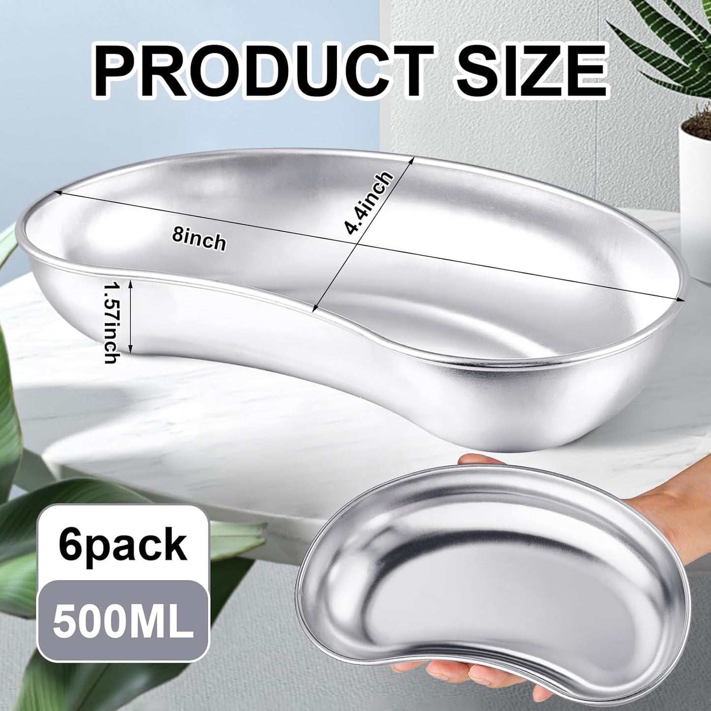 6 Pcs Stainless Steel Kidney Tray 8'' Medium Kidney Shaped Emesis Basin Surgical Medical Tray pan Bowls Reusable Metal Dish Dental Lab Instruments Bathroom Soiled Dressings Medic Waster