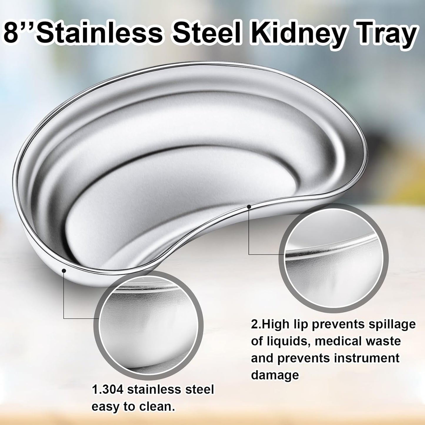6 Pcs Stainless Steel Kidney Tray 8'' Medium Kidney Shaped Emesis Basin Surgical Medical Tray pan Bowls Reusable Metal Dish Dental Lab Instruments Bathroom Soiled Dressings Medic Waster