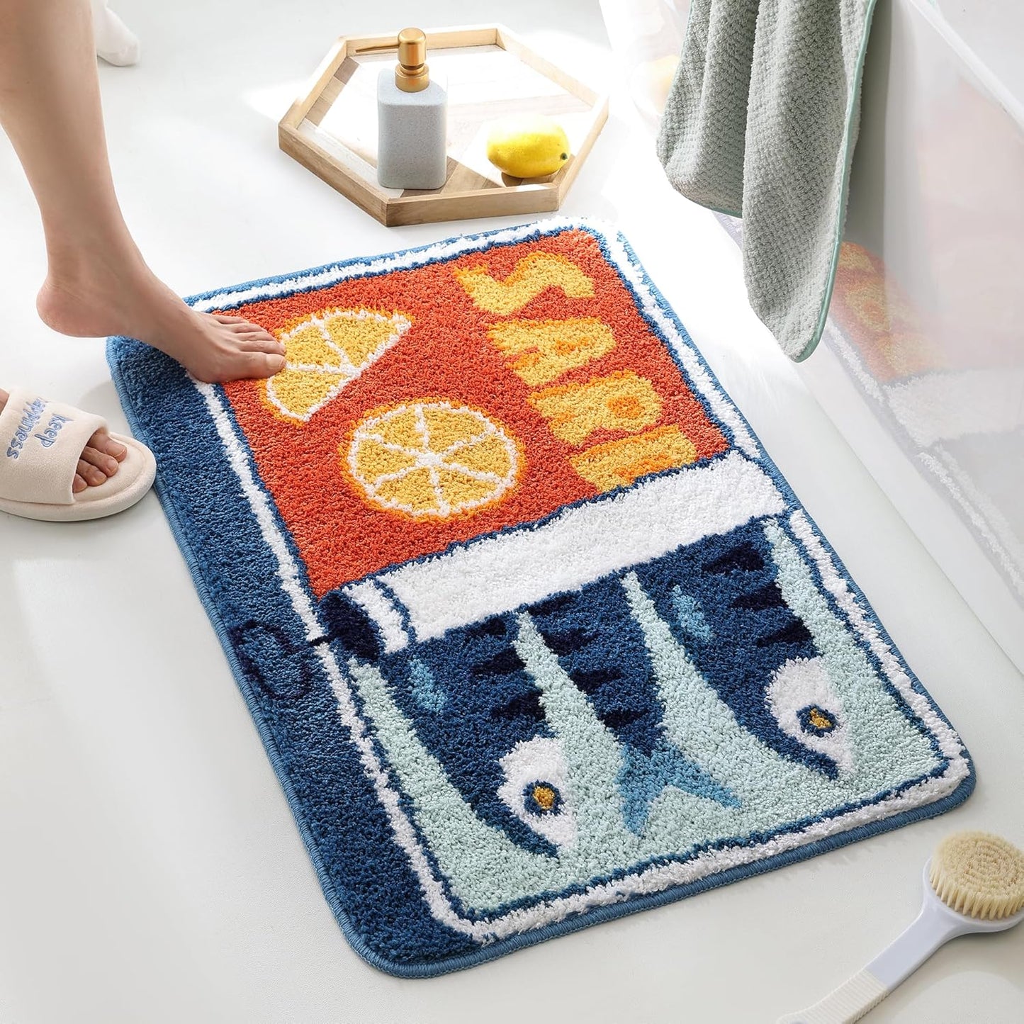 Sardine Can Bath Mat, Blue Bathroom Rugs for Bedroom, Soft Washable Rug Non Slip Cute Kitchen Bath Mats for Bathroom Funny Cartoon Fish and Lemon