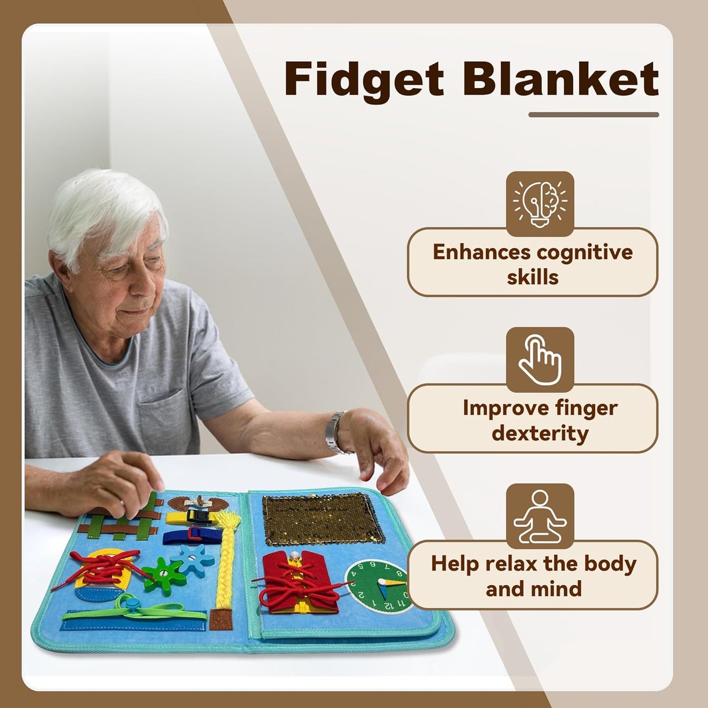 Blue Fidget Blanket for Dementia Patients | Dementia Activities for Seniors | Fidget Blanket for Adults with Dementia , Busy Blanket for Dementia Patients, 12*20 in