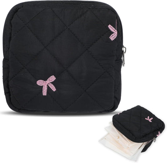 Period Pouch for Pads & Tampons - Cute Bow Design First Period Gift (Black)