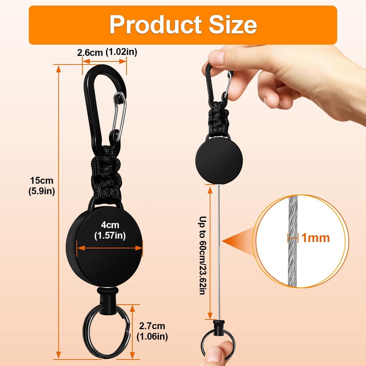 Retractable Keychain 3 Pack Heavy Duty Carabiner Badge Holder Extendable Reel ID Badge Holders Retractable for Keys Ring with 60 cm Steel Cord and Lanyard (Black)
